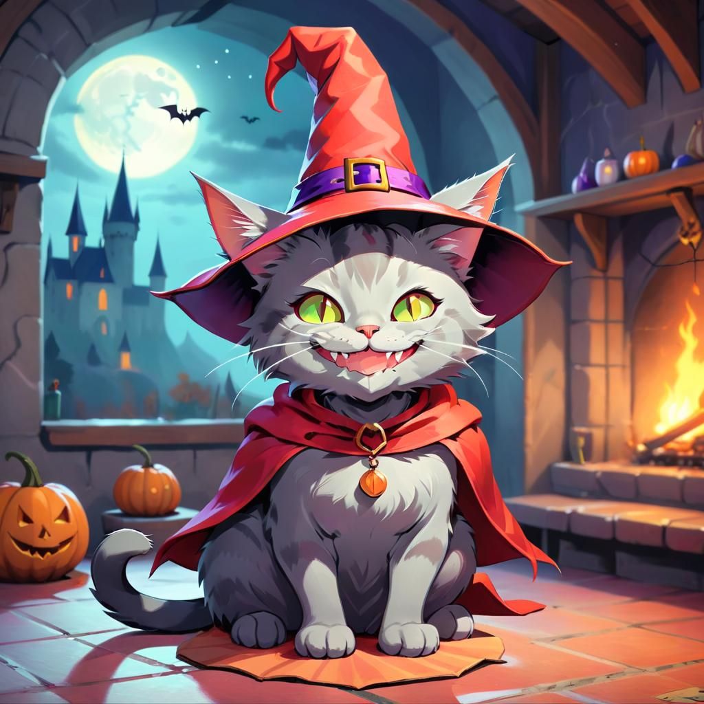 Smiling Cat in Witch Hat, Fantasy Kingdom