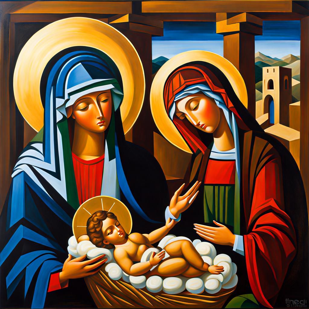 Nativity Scene in Hard-Edged Oil Painting Style