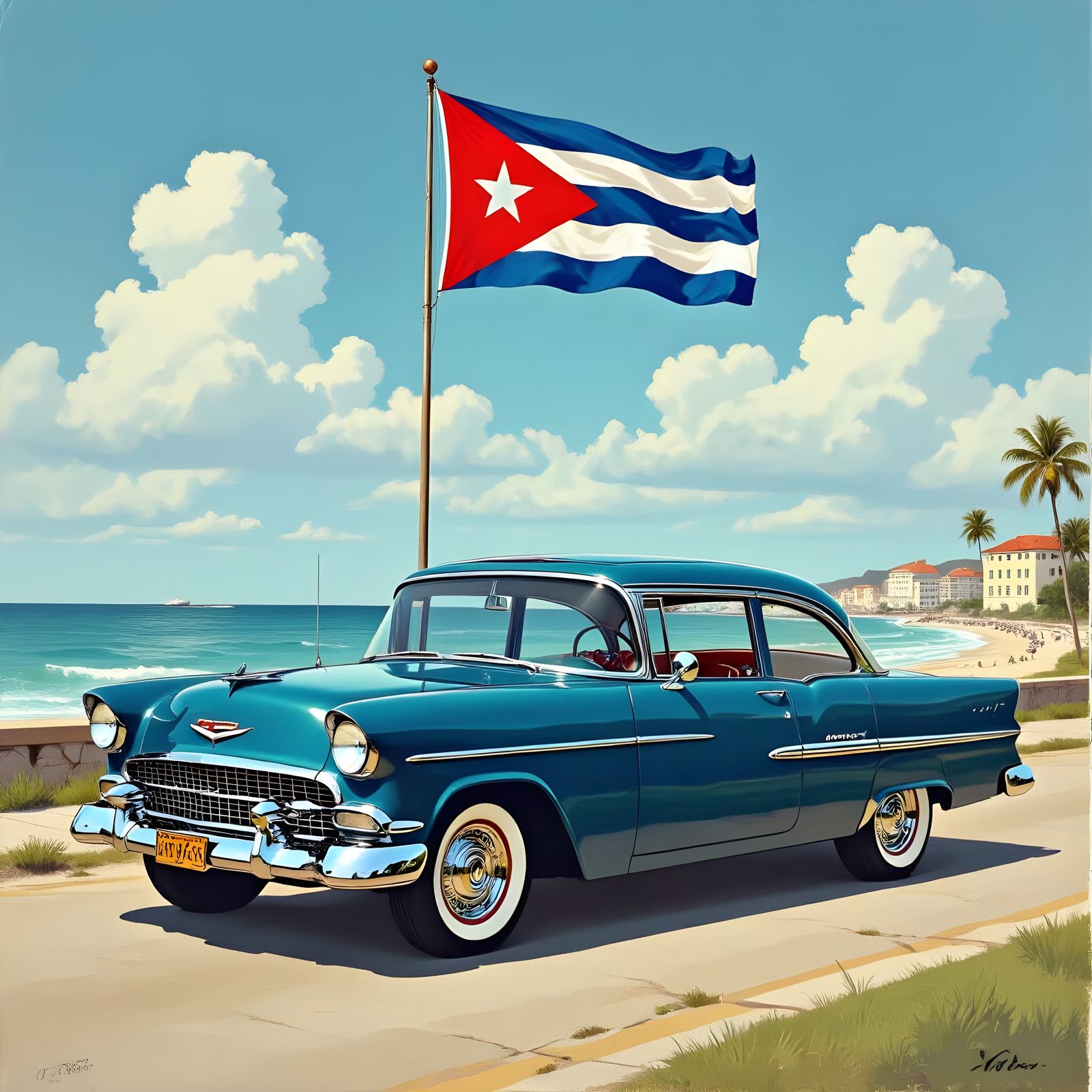 Classic Blue Chevrolet '55 on Havana's Malecón