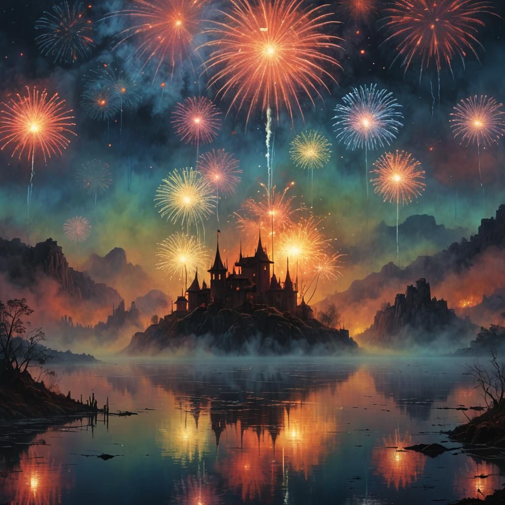 Fireworks Over Misty Lake, Fantasy Concept Art