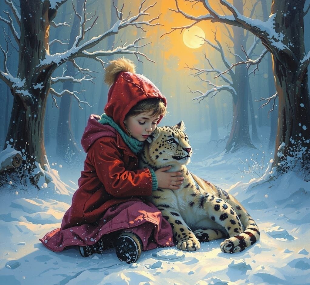 Cuddled in a Winter Storm, Small Girl and Her Snow Leopard