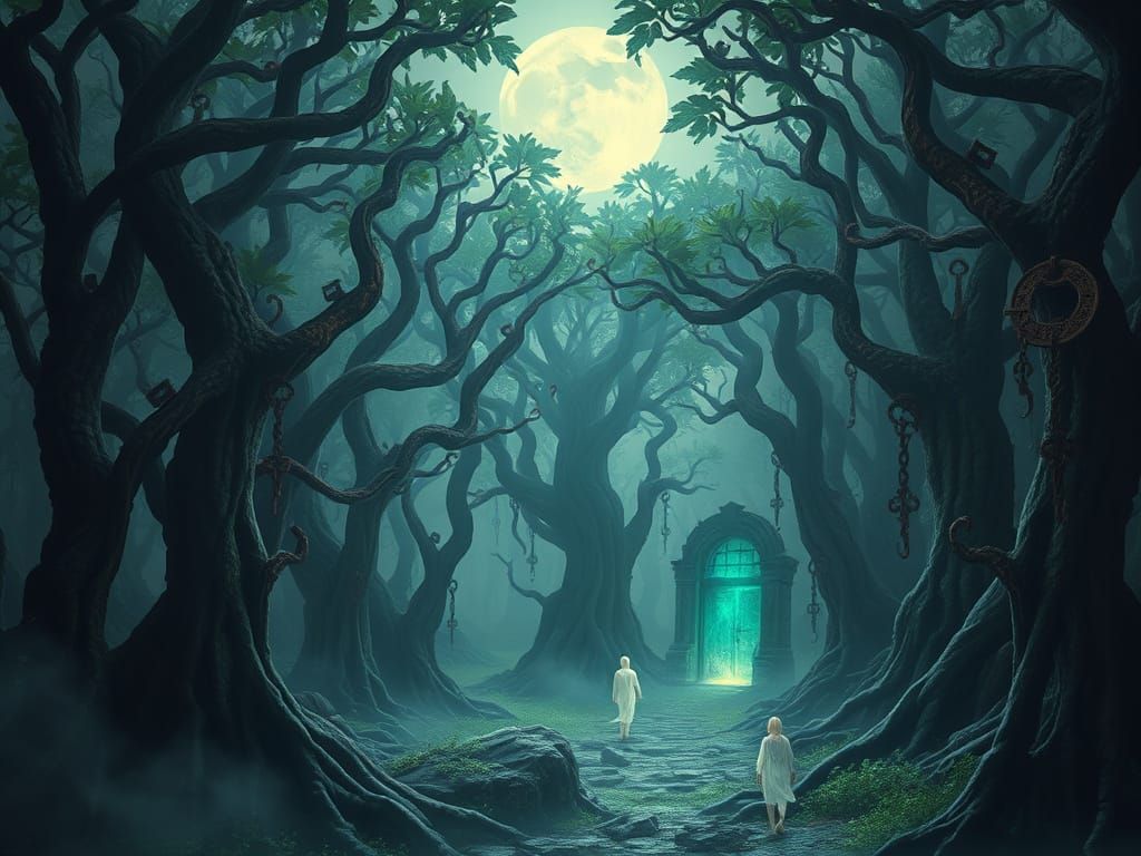 Mystical Forest of Ancient Keys in Eerie, Emerald Light