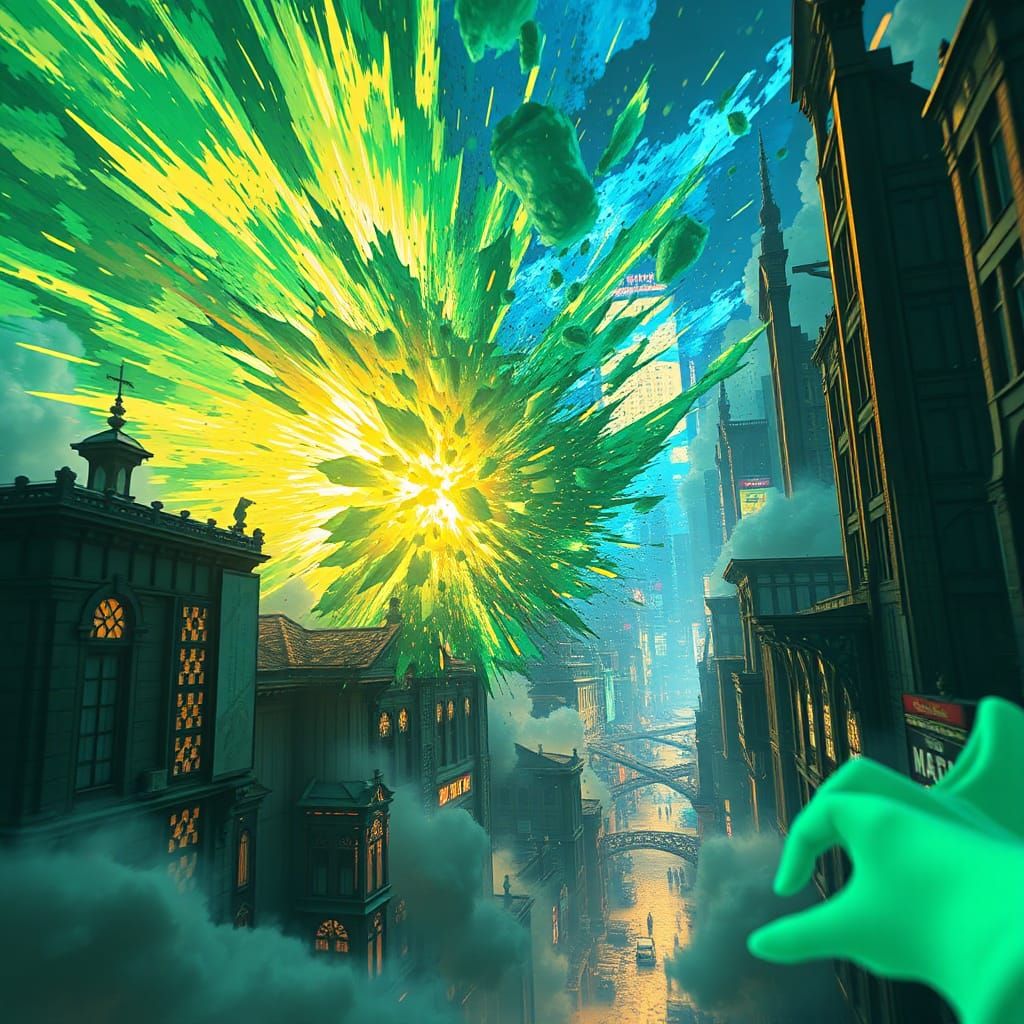 Exploding Gothic City in Anime Style