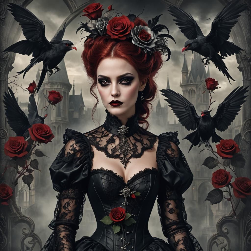 Gothic Woman with Silver Rose in Victorian Style