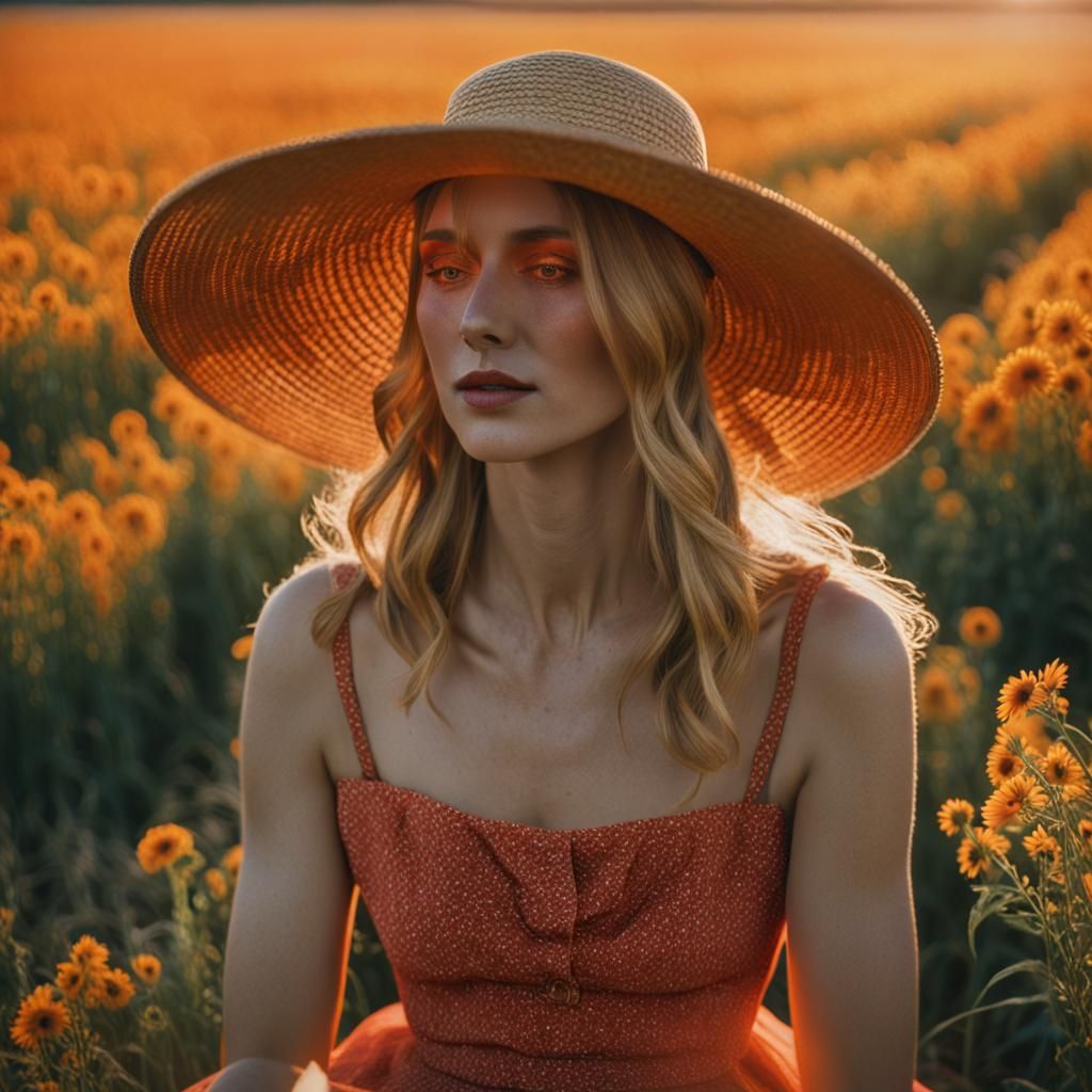 Girl in Red Dress in Field, Impressionistic Style