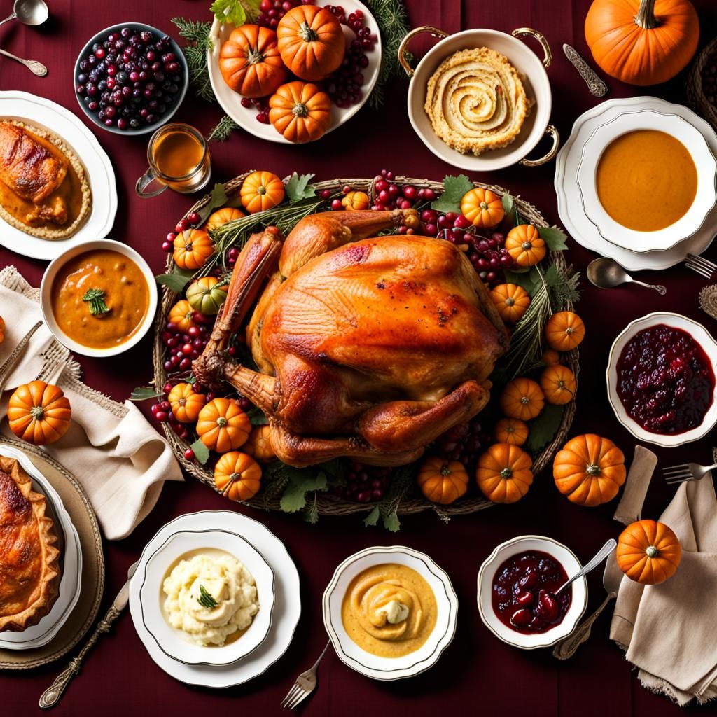 Abundant Thanksgiving Harvest Table with Roasted Turkey