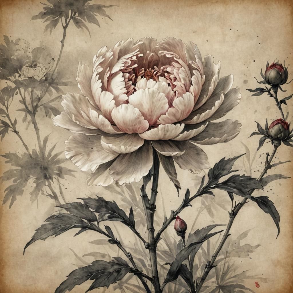 Expressive Chinese Peony in Charcoal and Watercolor