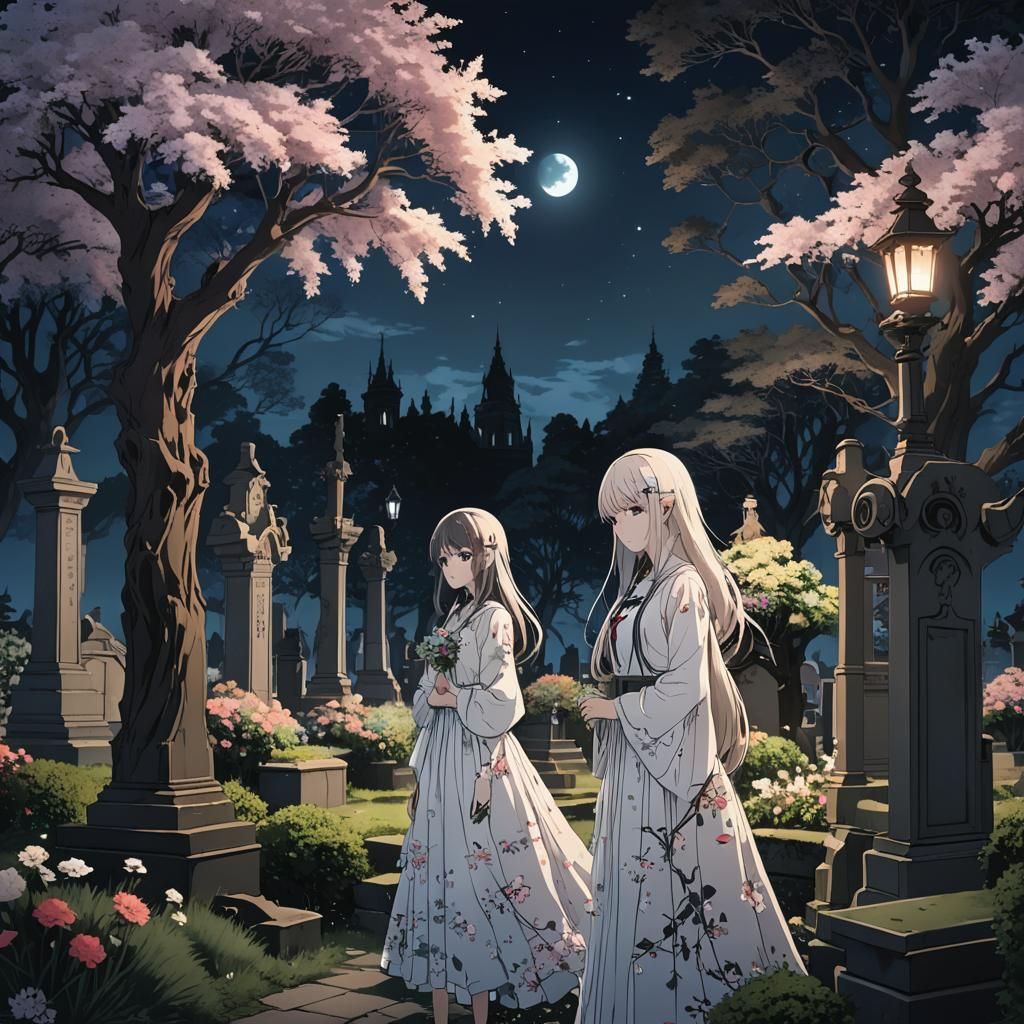 Spooky girls in a graveyard