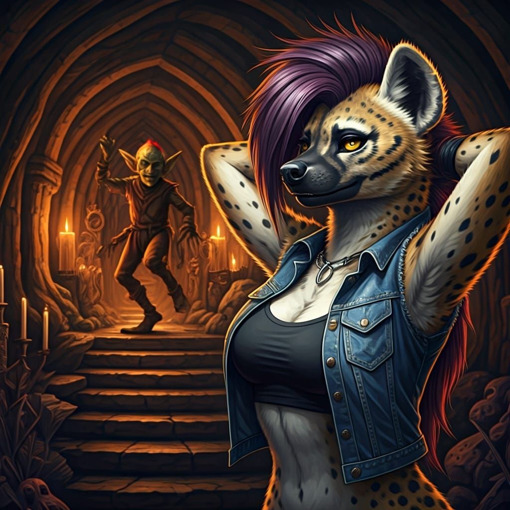 Anthropomorphic Hyena in Eerie Grotto, Chiaroscuro