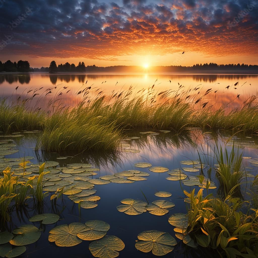 Magical Sunrise Over Lake, High Resolution Photography