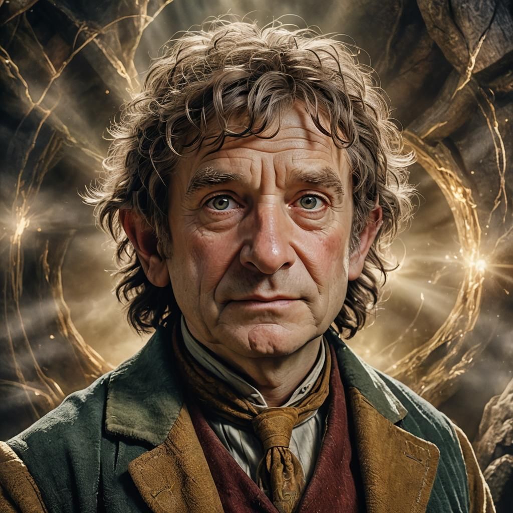 Hyperrealistic Portrait of Bilbo Baggins in Magical Light