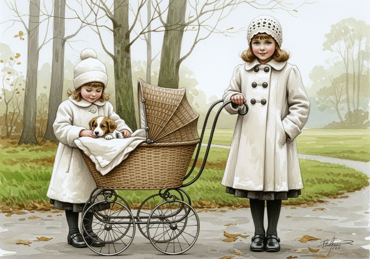 Girls with Puppy in Pram: Impressionist Watercolor