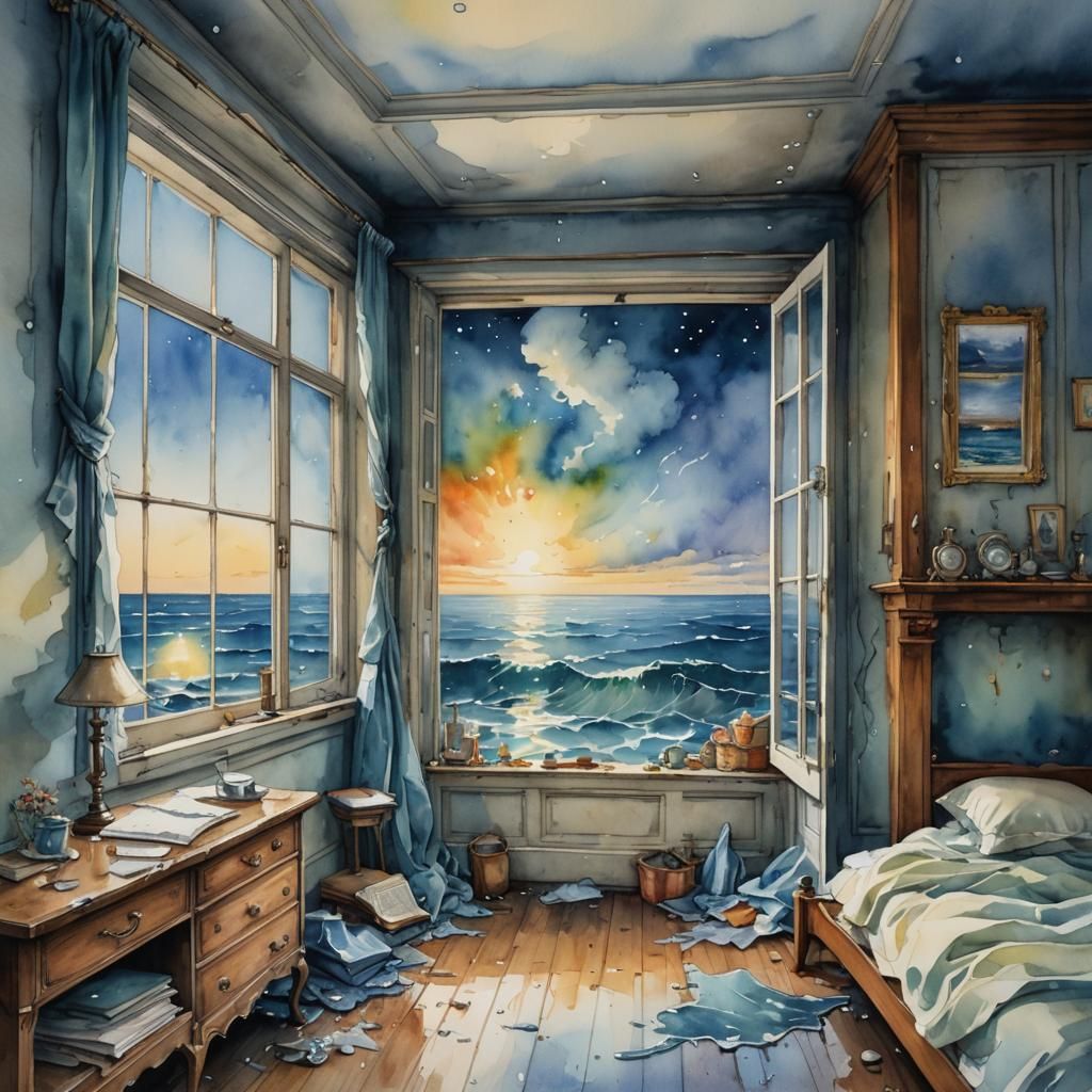 Surreal Bedroom Melts Into Seascape Watercolour