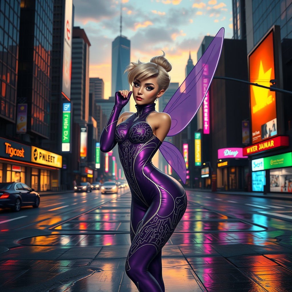 Cyberpunk Tinkerbell in Dystopian Cityscape