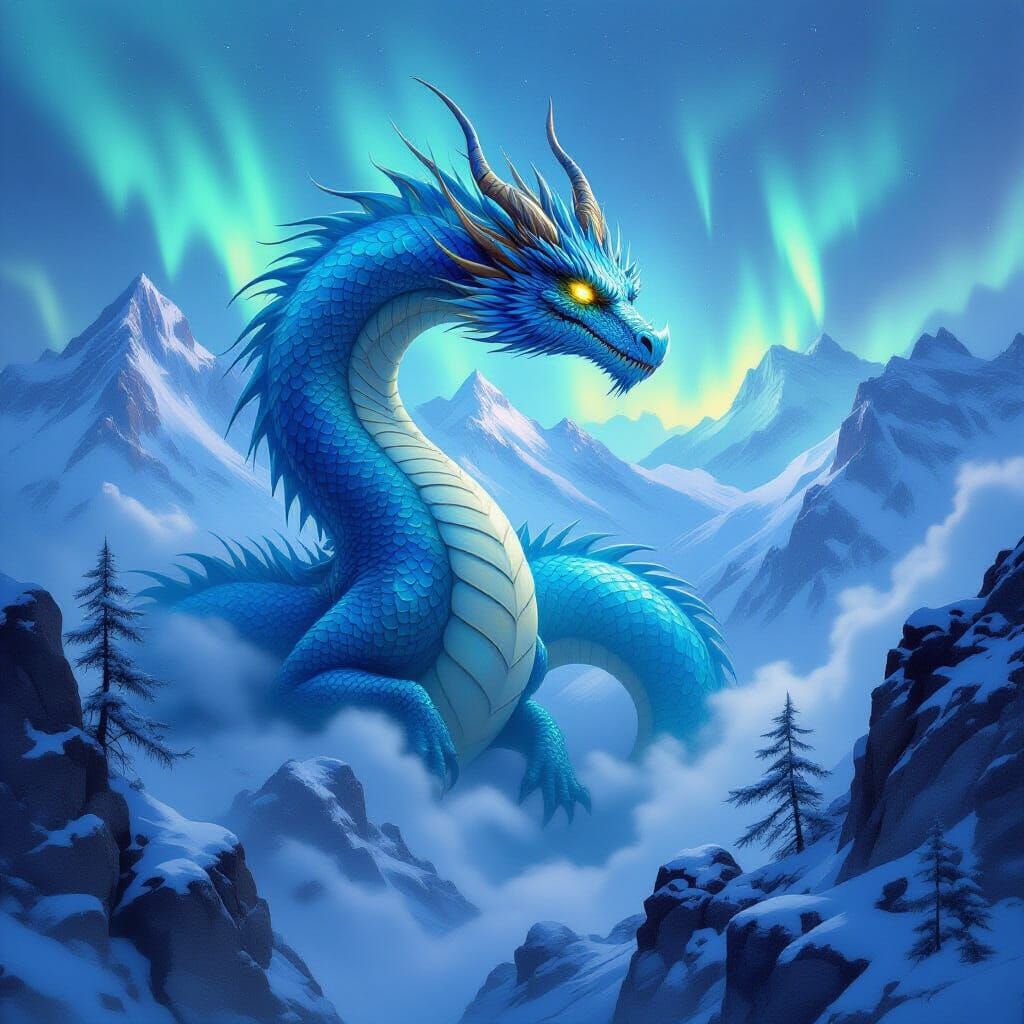Majestic Dragon Encircling Snow Mountain in Fantasy Painting
