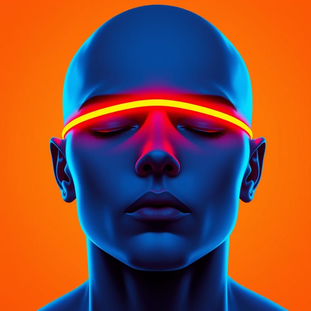 Serene Bald Portrait in Vivid Blue and Orange Neon Light