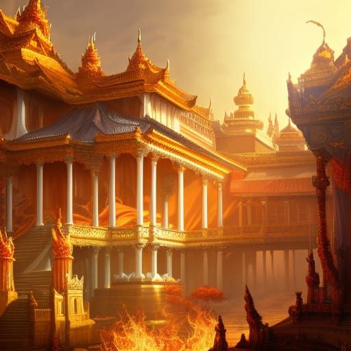 Flaming Palace: Detailed Matte Painting in Deep Color