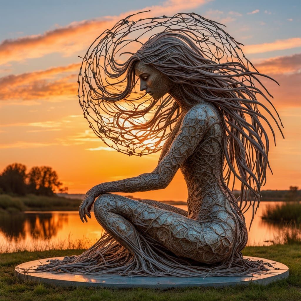 Surreal Fragmented Sculpture of Woman at Sunset