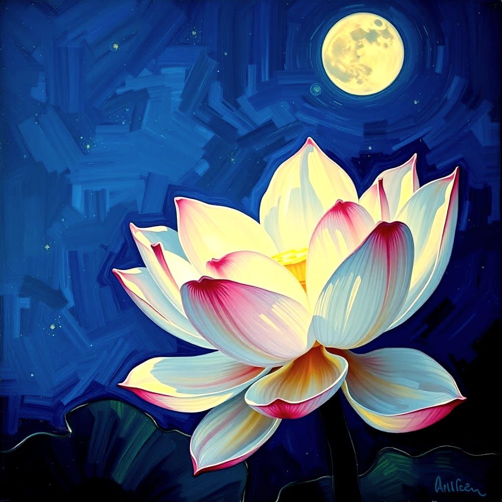 Moonlit Lotus Flower in Post-Impressionistic Style