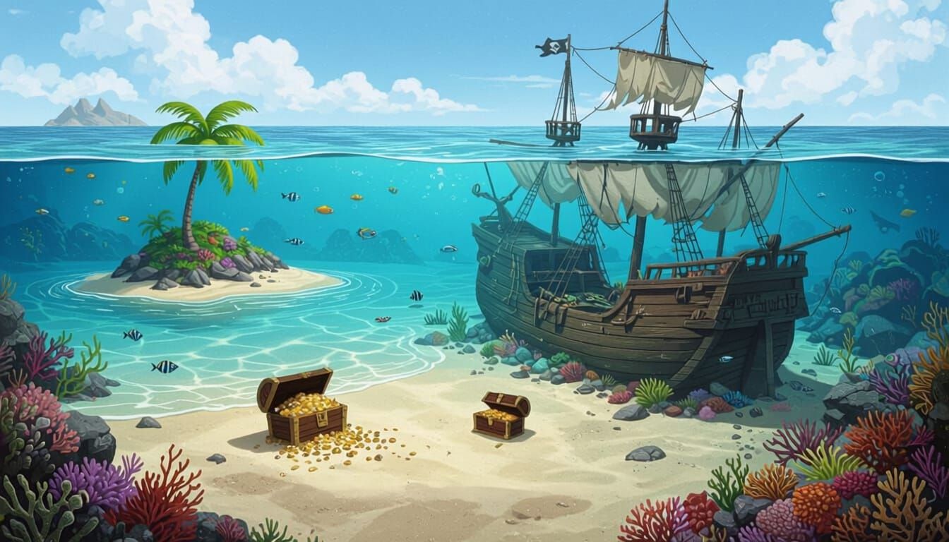 Sunken Pirate Ship and Treasure Island