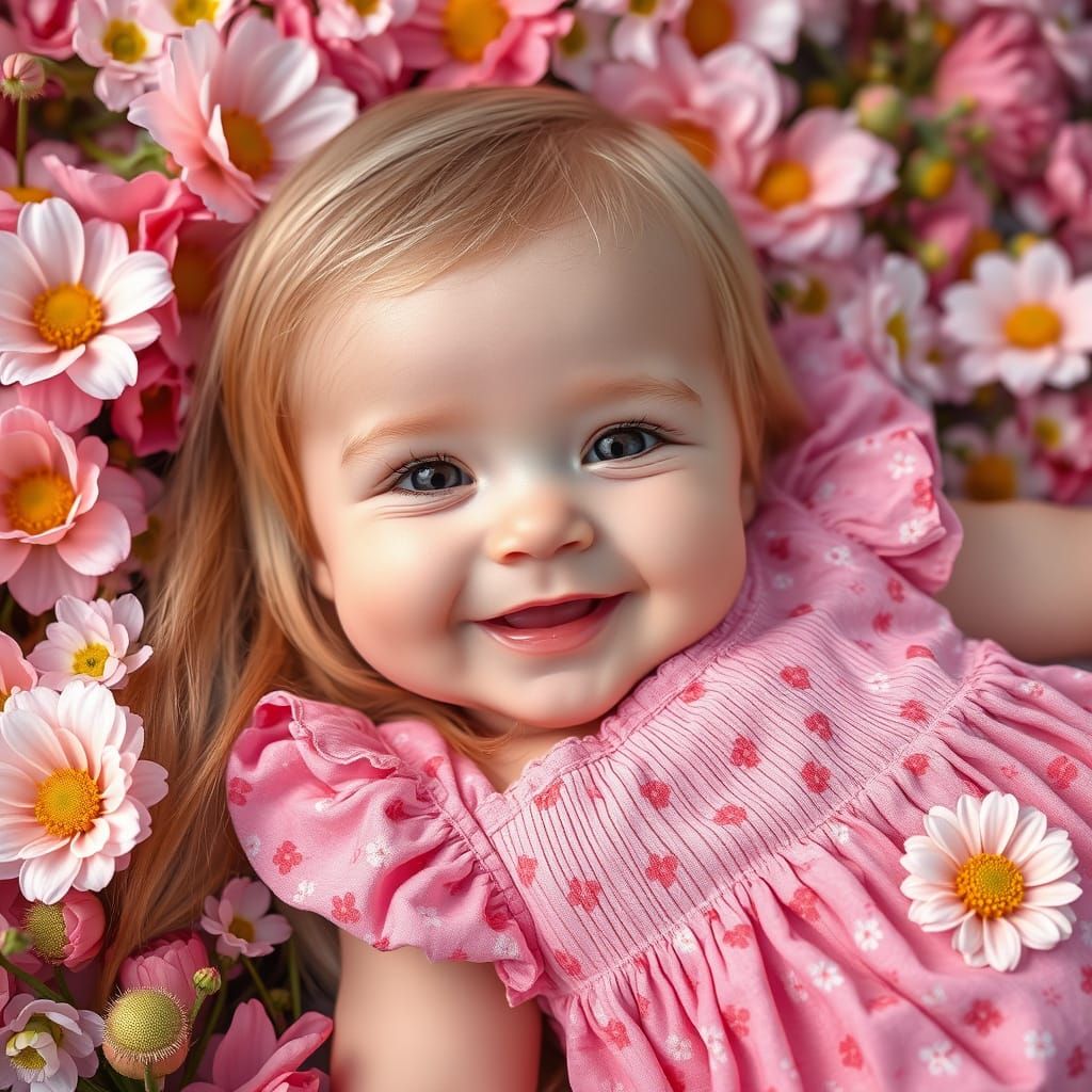 Surreal Landscape with Happy Child in Floral Wonderland