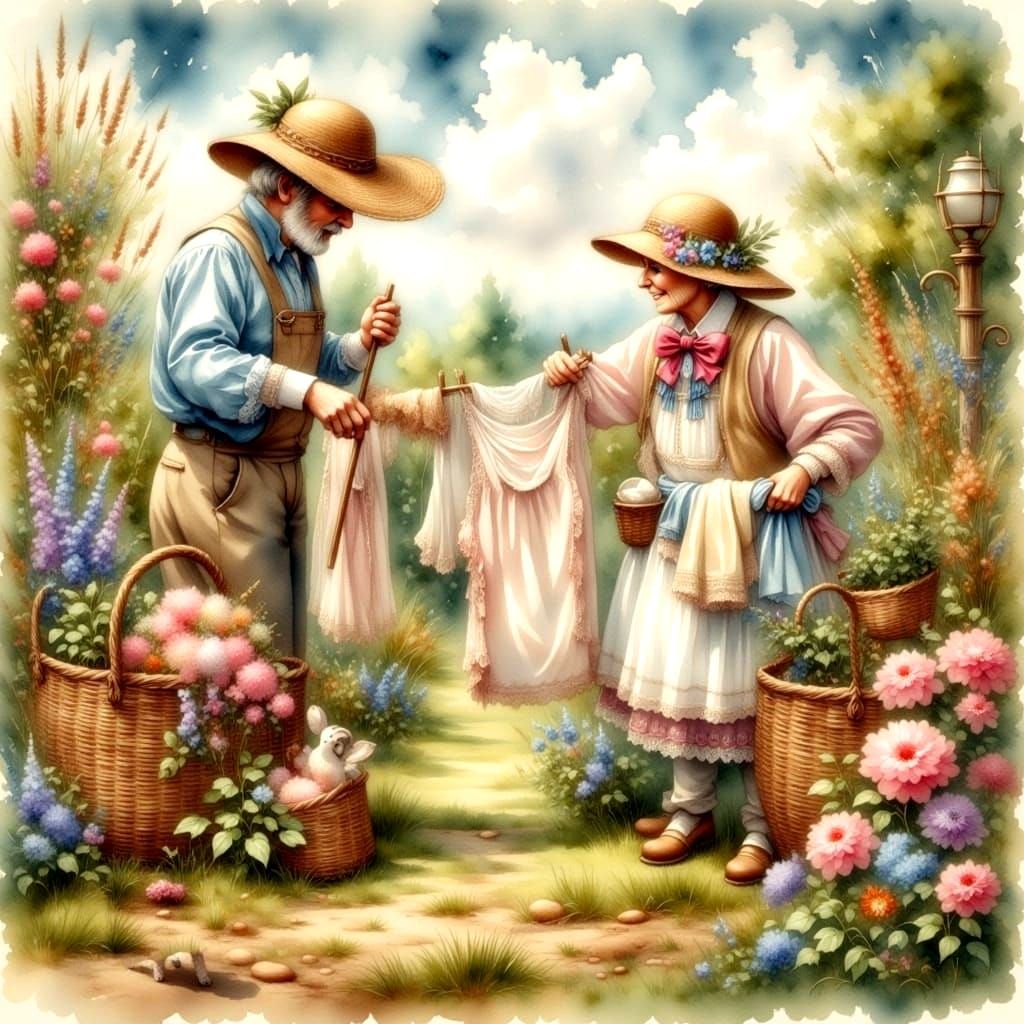 Lamb Helps Farmer Hang Laundry: Antique Watercolor