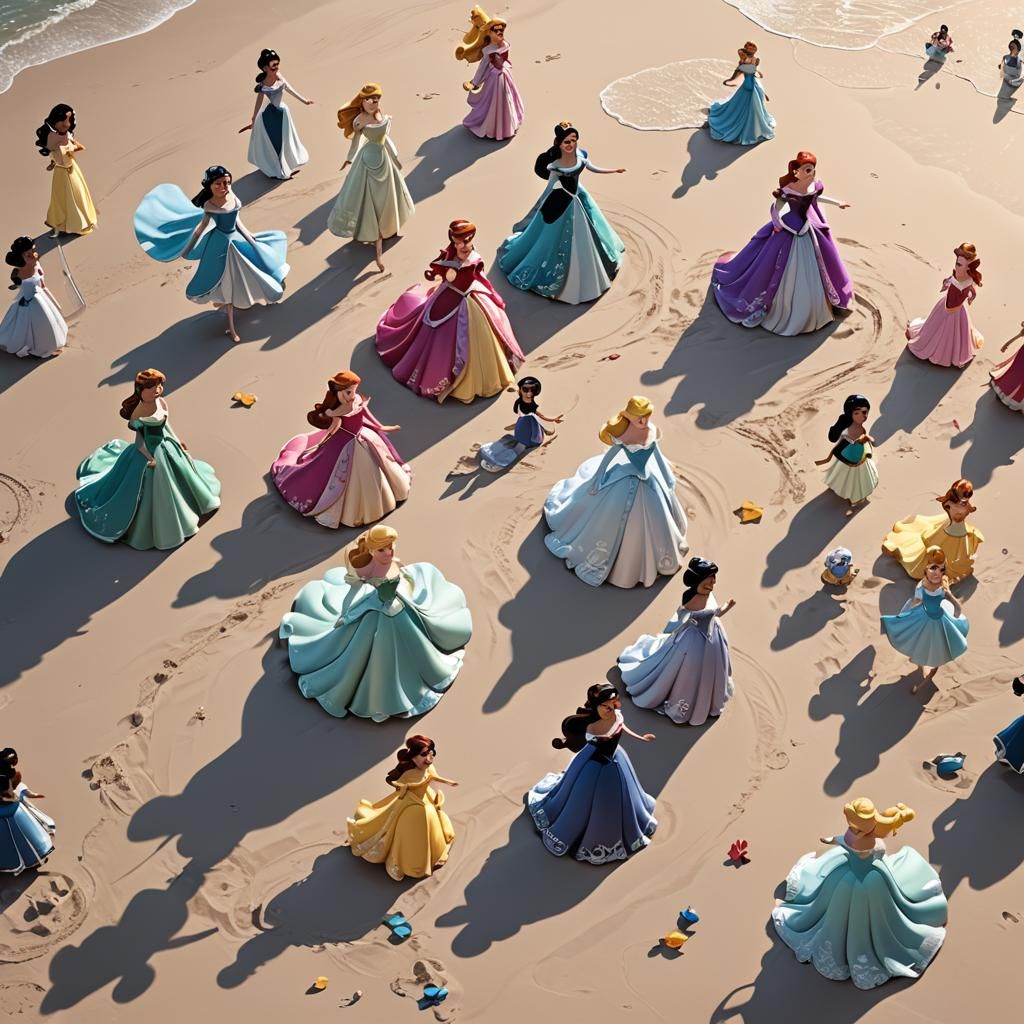 Disney Princesses in Vibrant Beach Scene Art