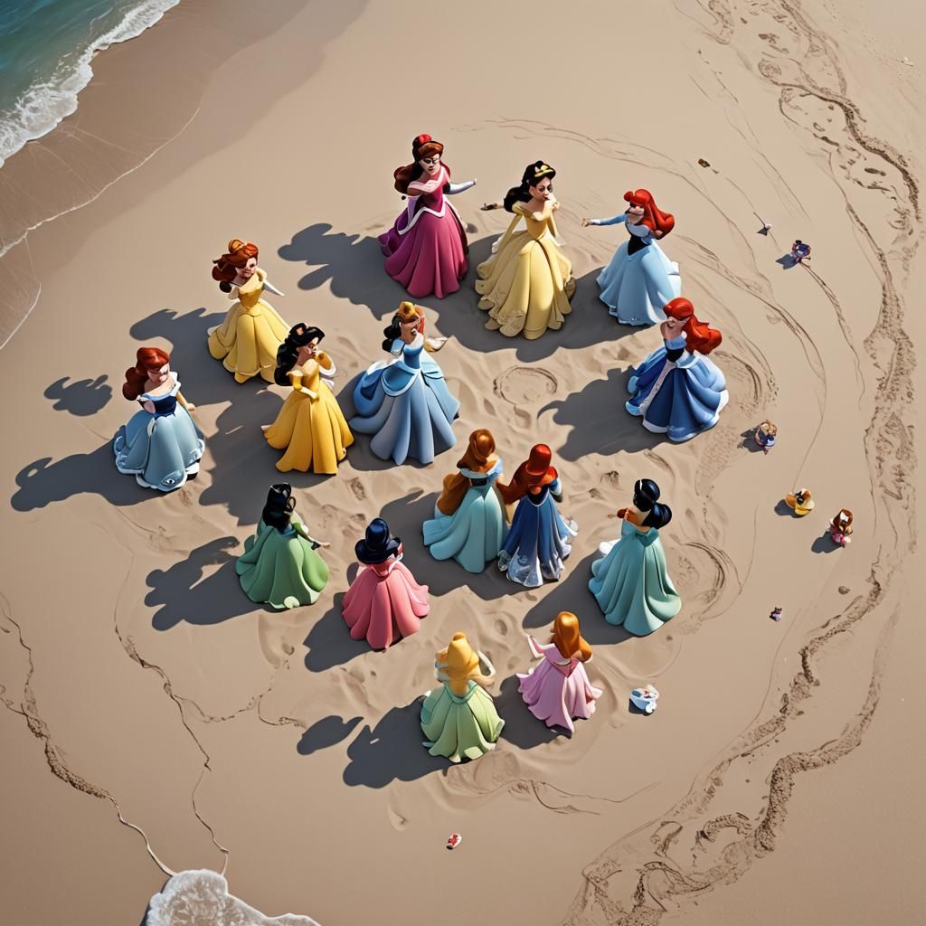 Disney Princesses in Vibrant Beach Scene Art