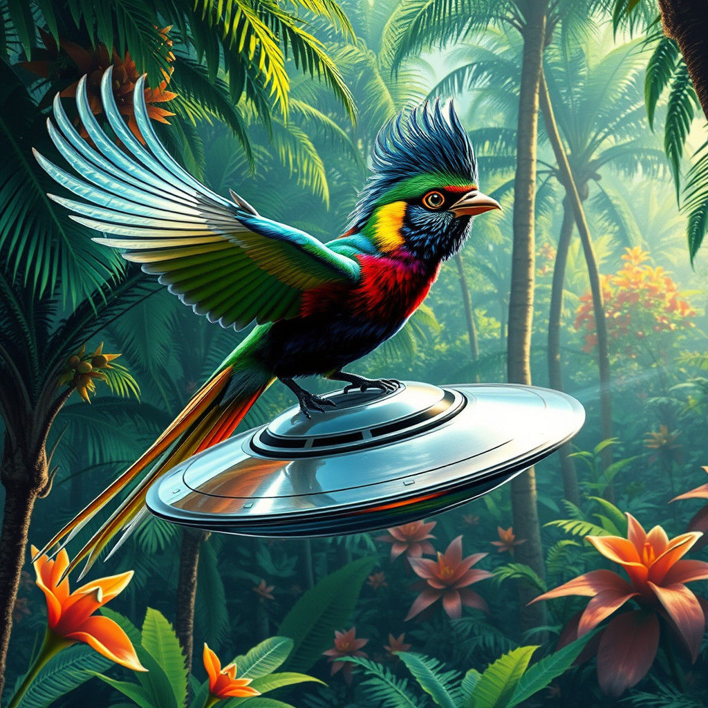 Surreal Tropical Scene in Cyberpunk Style