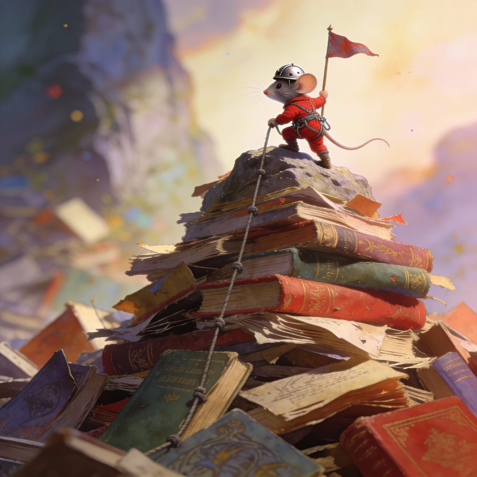 Tiny Mouse Climbs Tower of Books Victorious