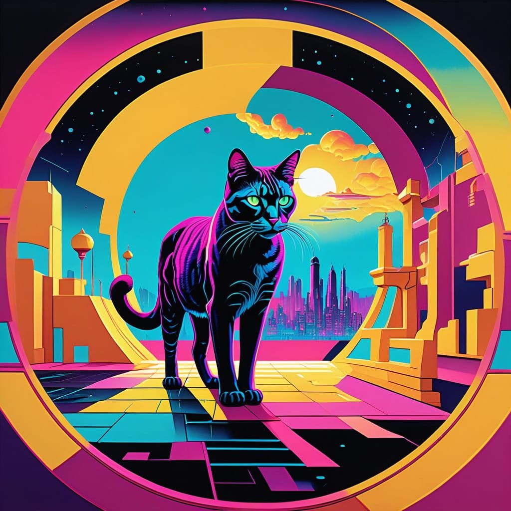Surreal, Iridescent Cat in Vibrant, Cyberpunk Cityscape