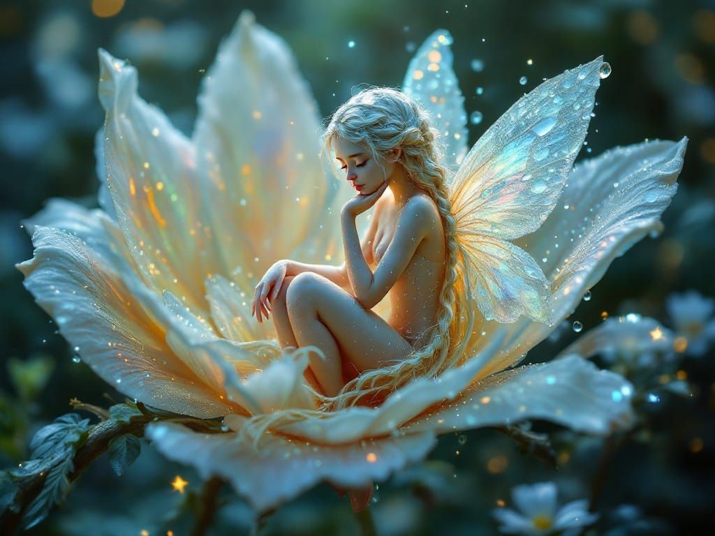 Ethereal Fairy Perched on Radiant Bloom in Dreamlike Scene