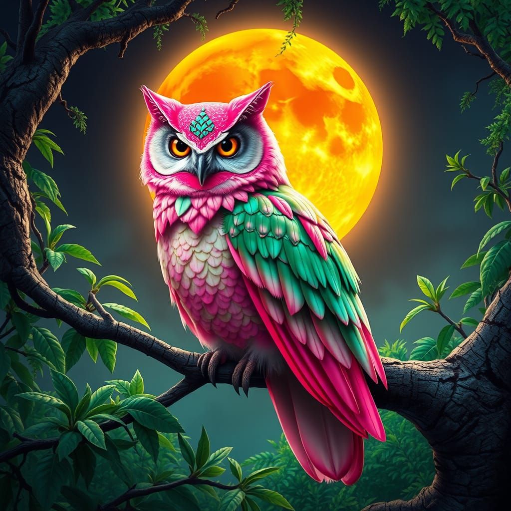 Dragonfruit Owl Hybrid in Lush Fantasy Landscape