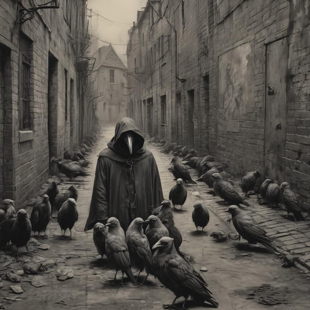 Plague Doctor in Dark Alley as Charcoal Drawing