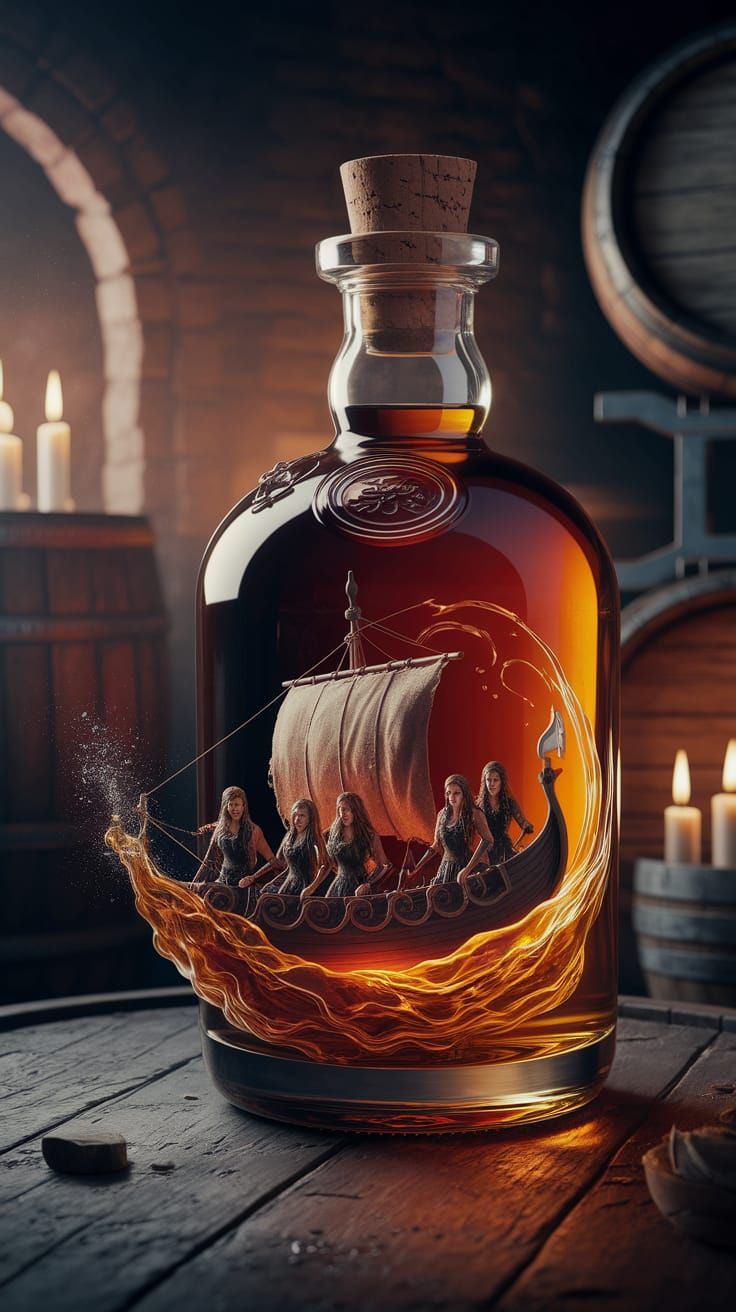 Golden Rum Bottle with Miniature Viking Ship and Female Crew