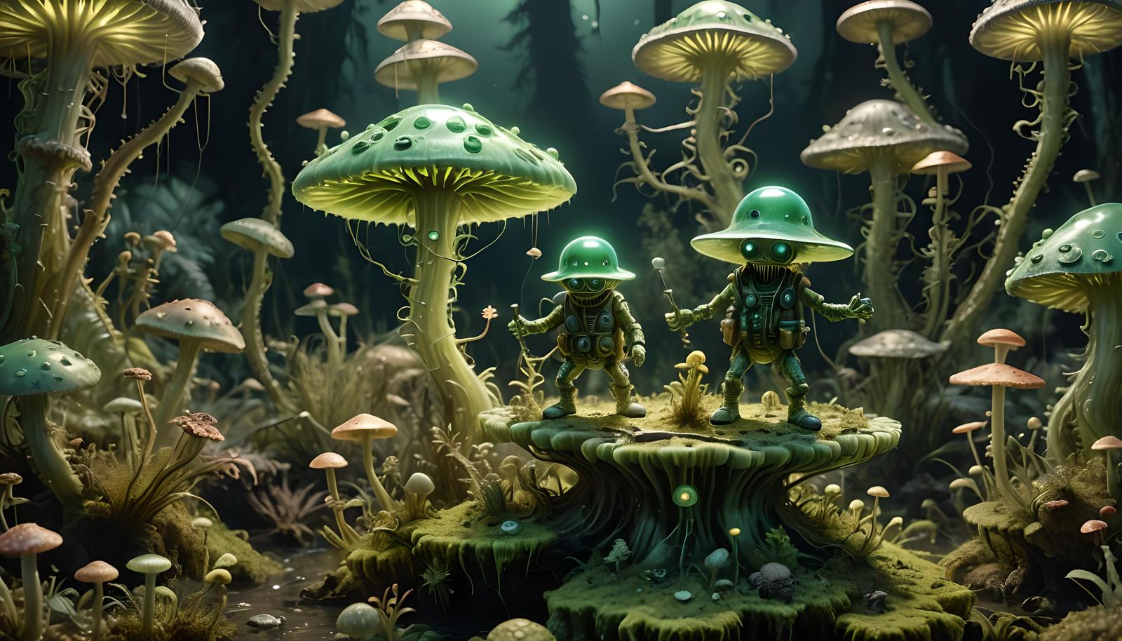 Luminescent Aliens on Mushroom Planet in Haeckel Style