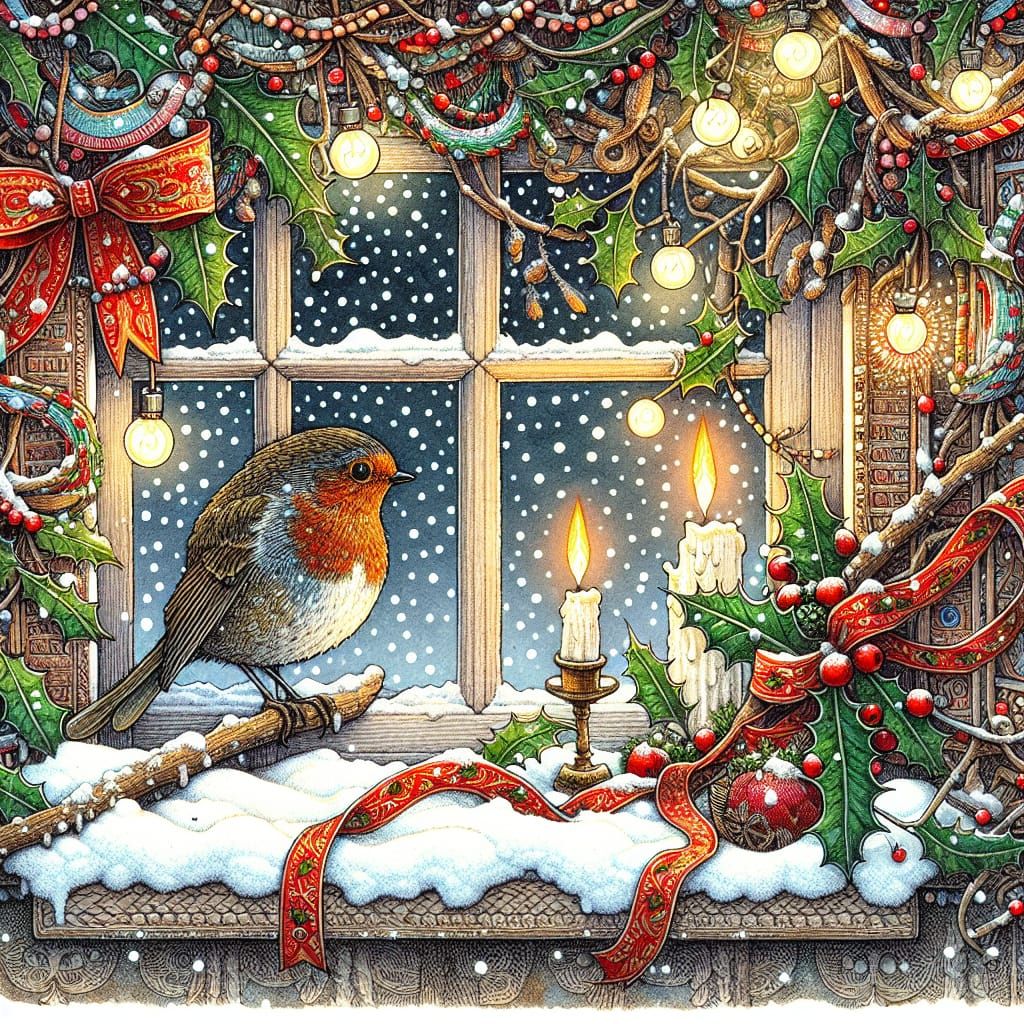 Festive Robin on Christmas Windowsill in Folk Art Style