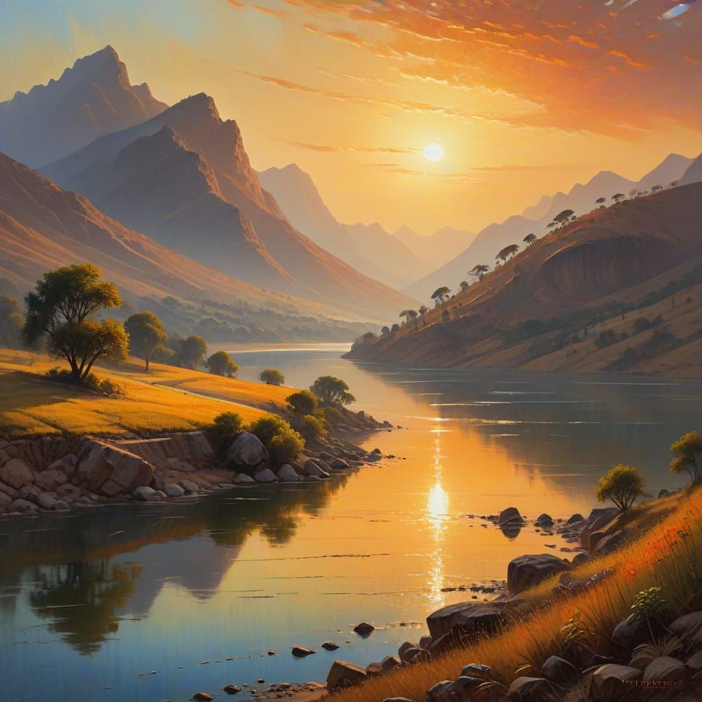 Vibrant Oil Painting of Gadisar Lake at Golden Hour
