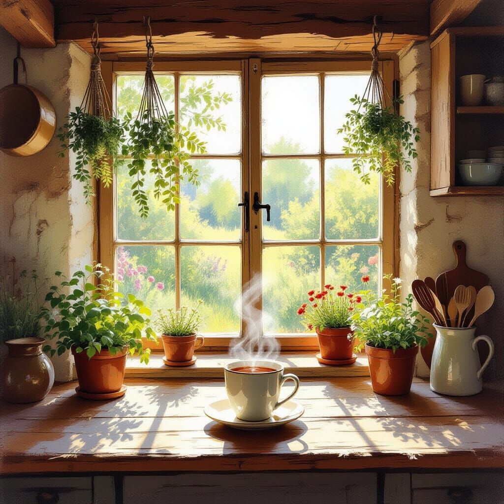 Cozy Rustic Kitchen with Steaming Tea