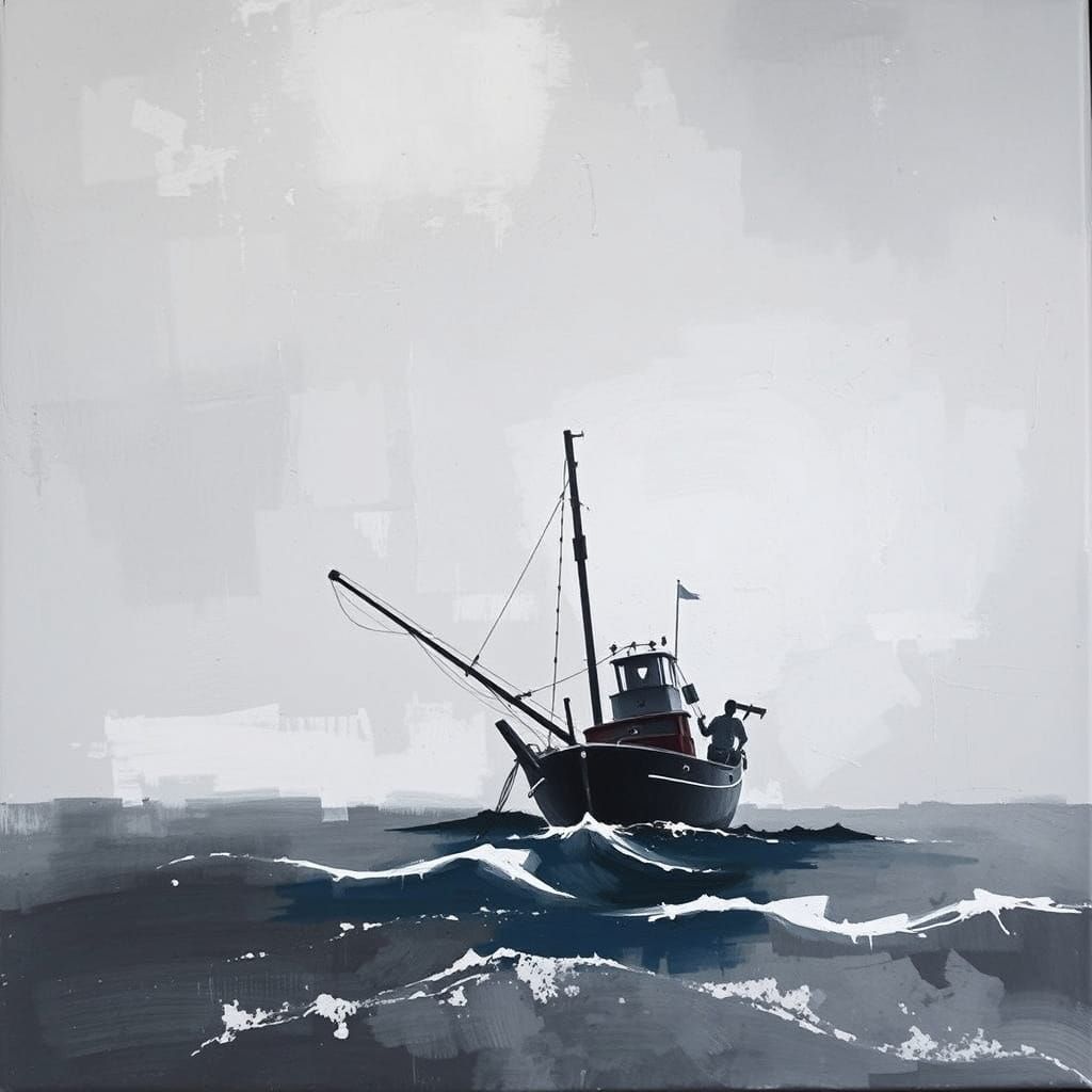 Abstract Grey Painting of Fisherman at Sea