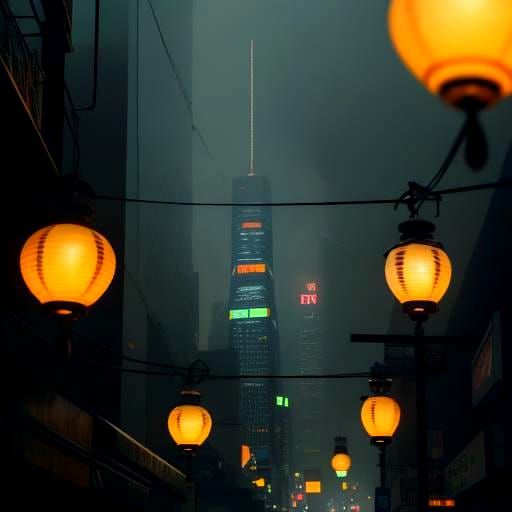 Neon Lanterns Landscape in Cyberpunk Style