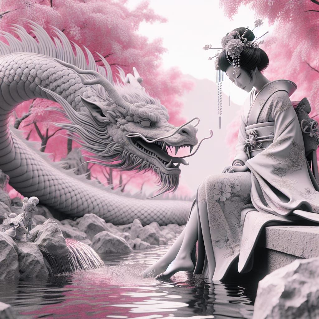 Black and White Image of a geisha sitting on the edge of a stream with her feet in the water. On the other side of the ...