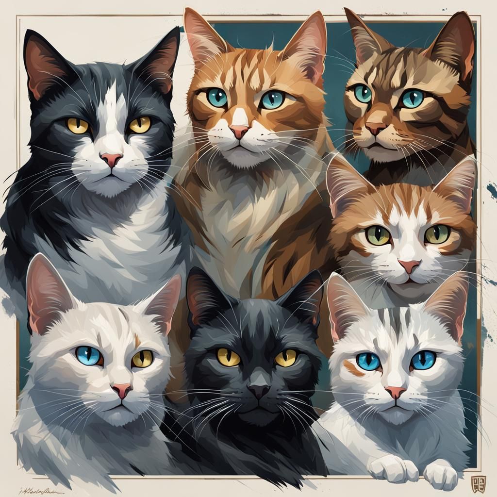 Three Brave Cats Portrait in Digital Art Style