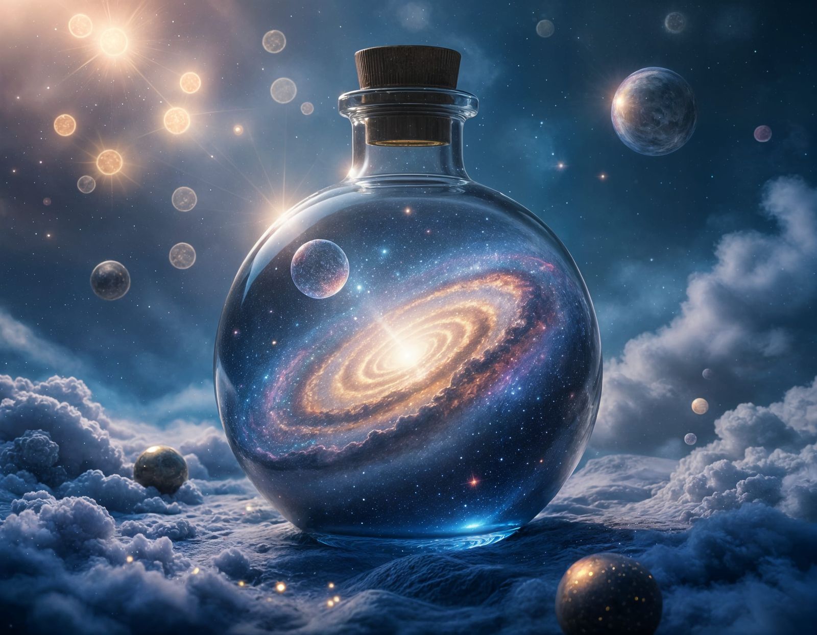 Miniature Galaxy in Glass Bottle: 3D Digital Art