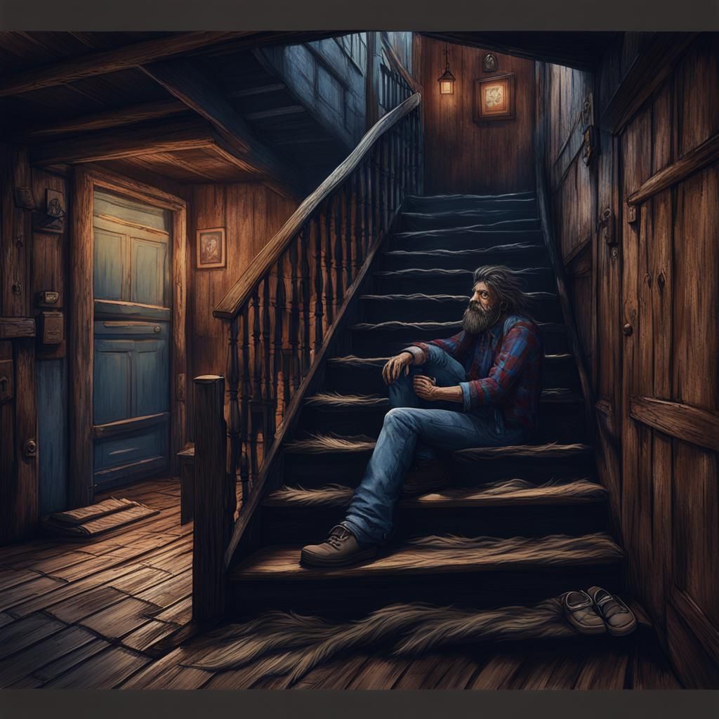 Creaky Staircase Leads to a Shaggy Man in Dark Hallway