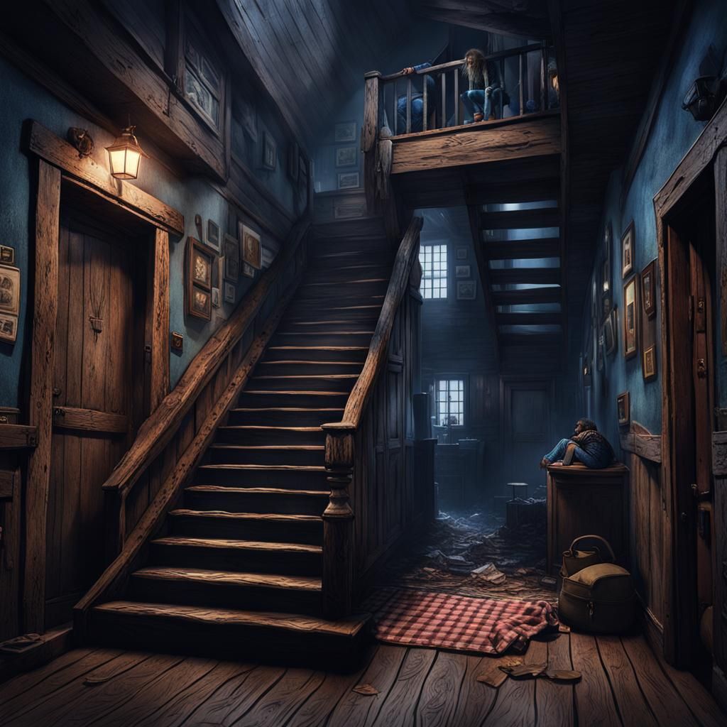 Dark Staircase Descent to a Shaggy Man: Matte Painting