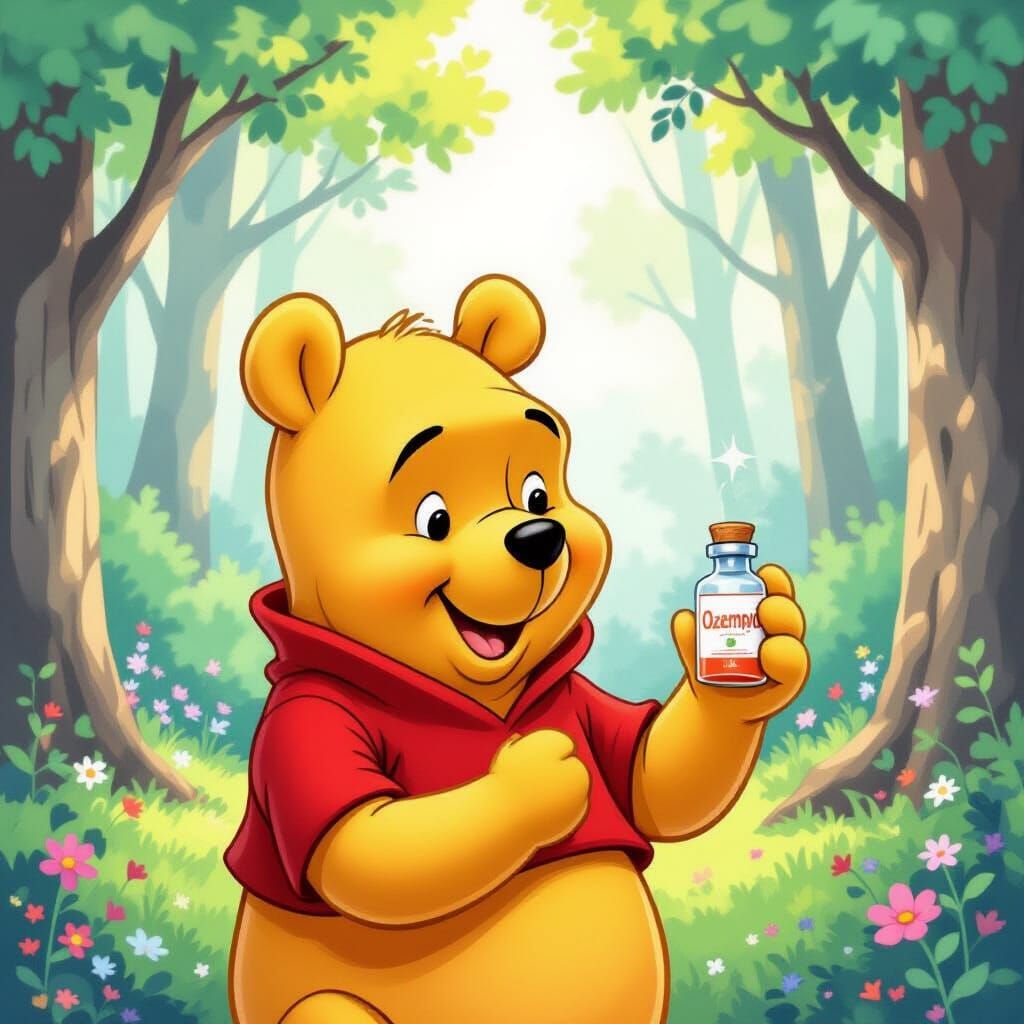 Winnie the Pooh with Ozempic in Watercolor Style