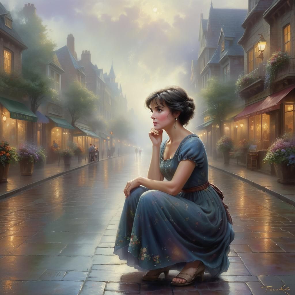 English Woman Squatting in City Street, Hyperdetailed