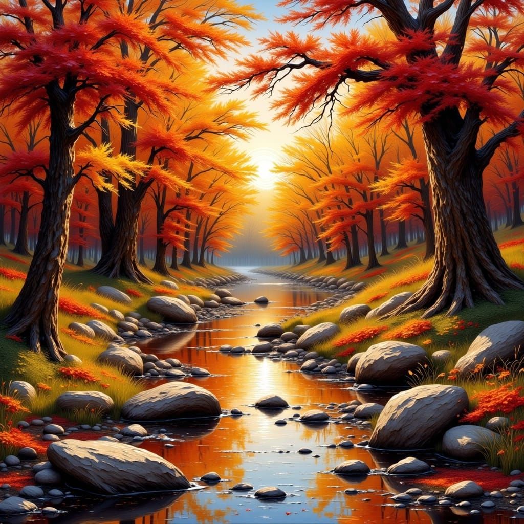 Vibrant Autumn Sunset River Path in Photorealistic Style