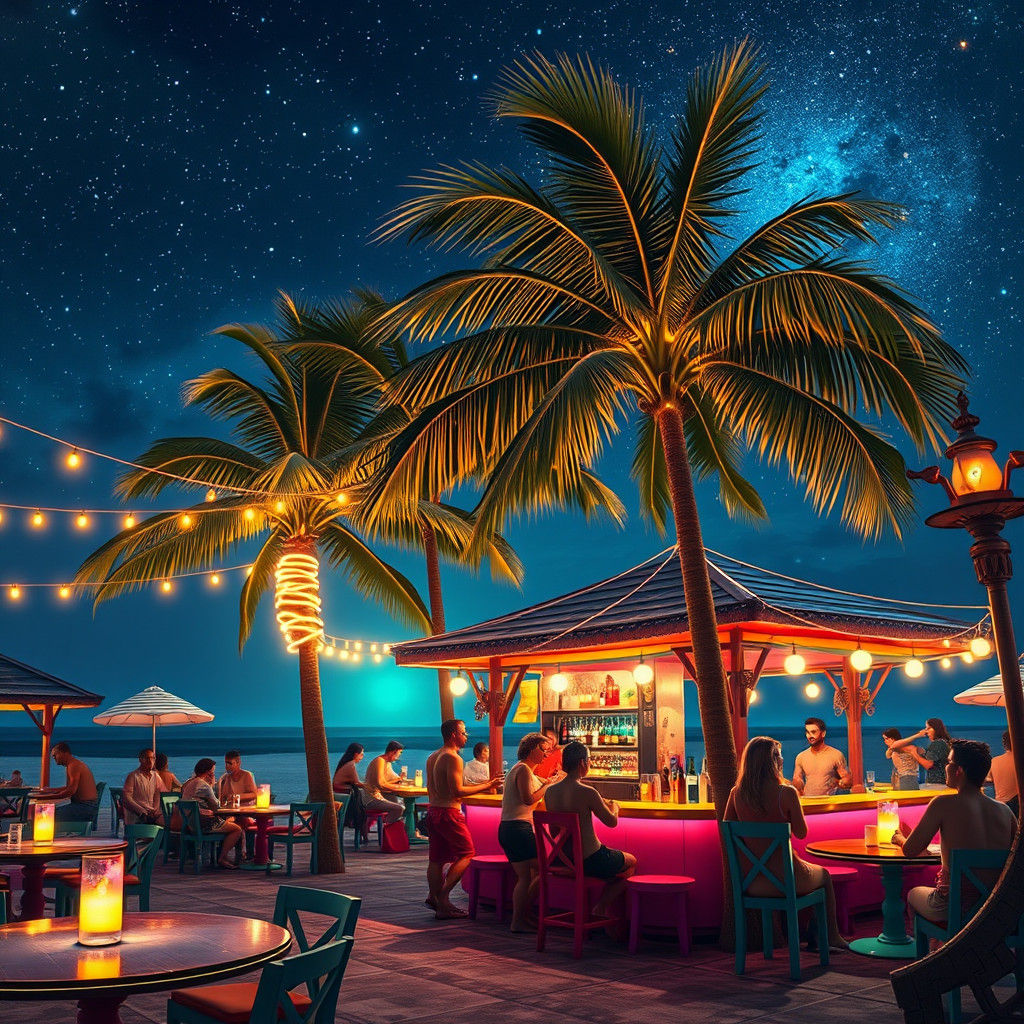 Beach Cocktail Bar at Night in Fantasy Style
